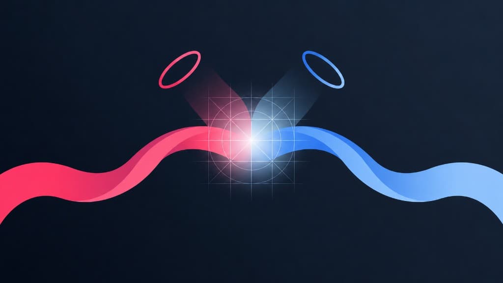 Abstract illustration of two luminous paths converging at a central point, representing collaboration.